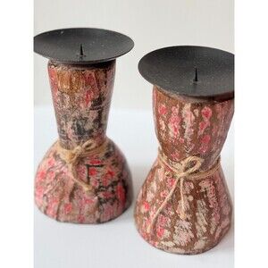 Candle Holders Pillar Pair Wooden Hand Carved Boho Brown Pink